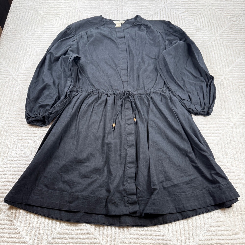H&M Dress Women's M Black Linen Blend Drawstring Waist Capsule Coastal Basics